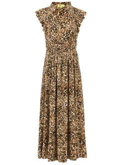 Frill Shoulder Maxi Dress, Brown Animal