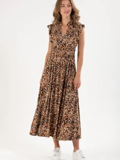 Frill Shoulder Maxi Dress, Brown Animal