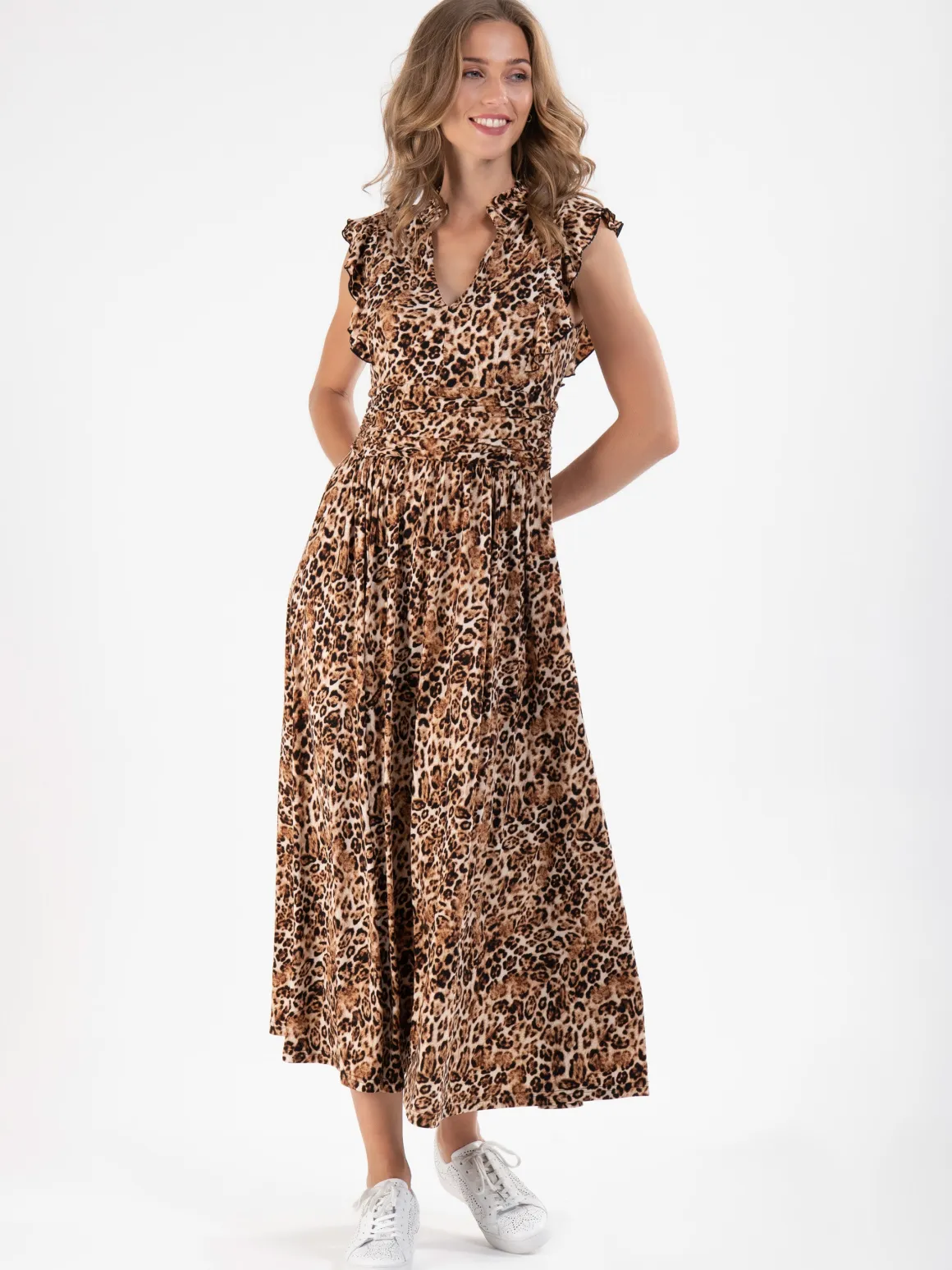 Frill Shoulder Maxi Dress, Brown Animal