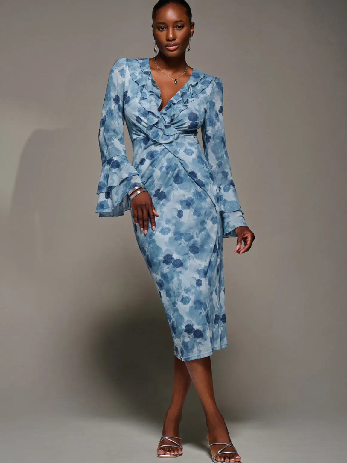 Frill Sleeve Pleated Wrap Midi Dress, Blue Floral