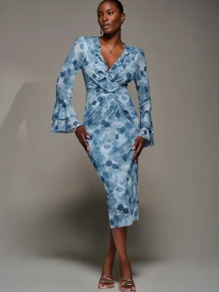 Frill Sleeve Pleated Wrap Midi Dress, Blue Floral