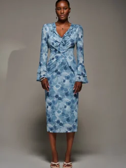 Frill Sleeve Pleated Wrap Midi Dress, Blue Floral
