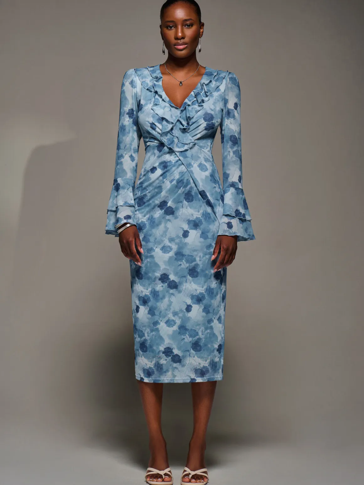 Frill Sleeve Pleated Wrap Midi Dress, Blue Floral