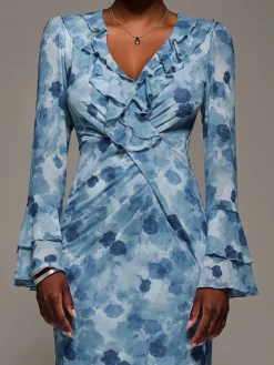 Frill Sleeve Pleated Wrap Midi Dress, Blue Floral