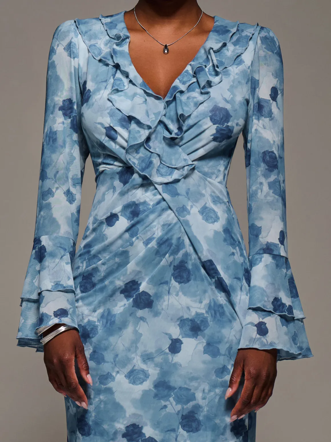 Frill Sleeve Pleated Wrap Midi Dress, Blue Floral