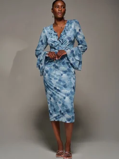 Frill Sleeve Pleated Wrap Midi Dress, Blue Floral