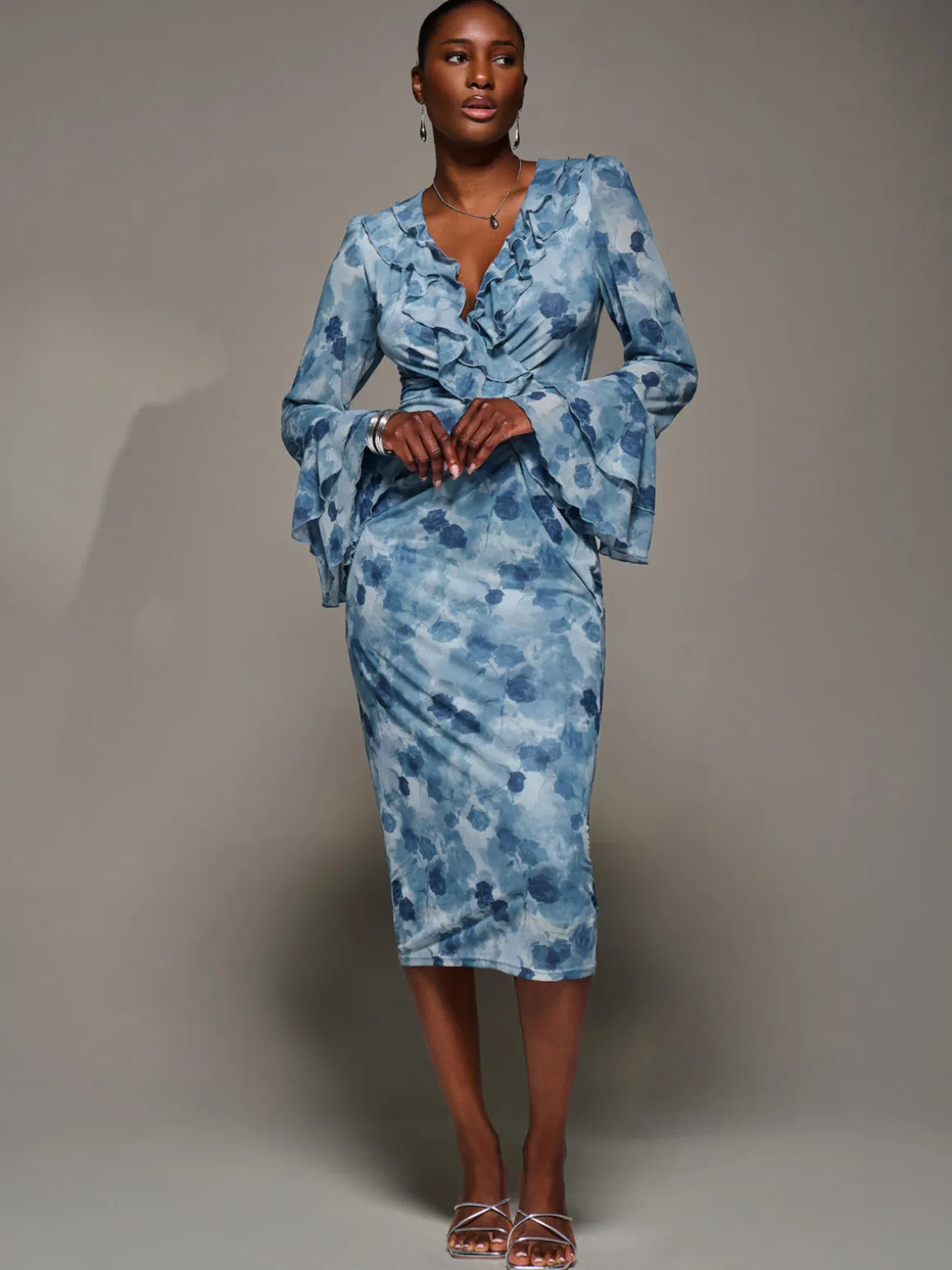 Frill Sleeve Pleated Wrap Midi Dress, Blue Floral