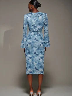 Frill Sleeve Pleated Wrap Midi Dress, Blue Floral