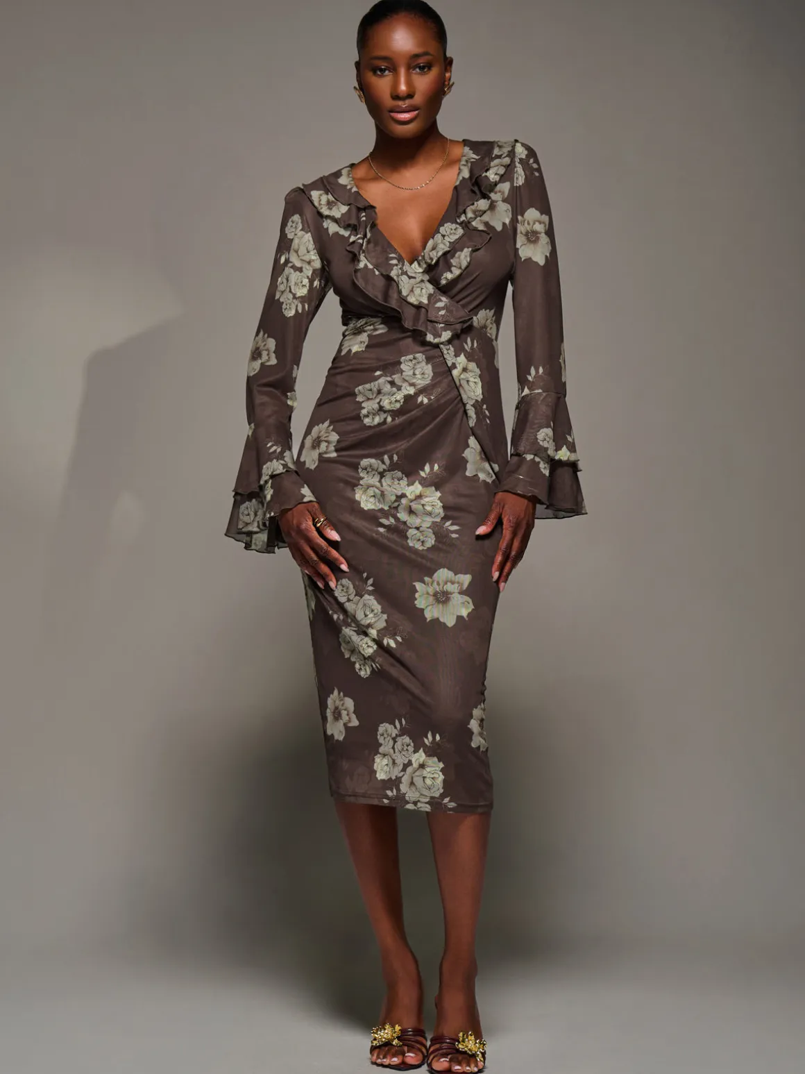 Frill Sleeve Pleated Wrap Midi Dress, Brown Floral