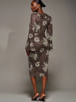 Frill Sleeve Pleated Wrap Midi Dress, Brown Floral