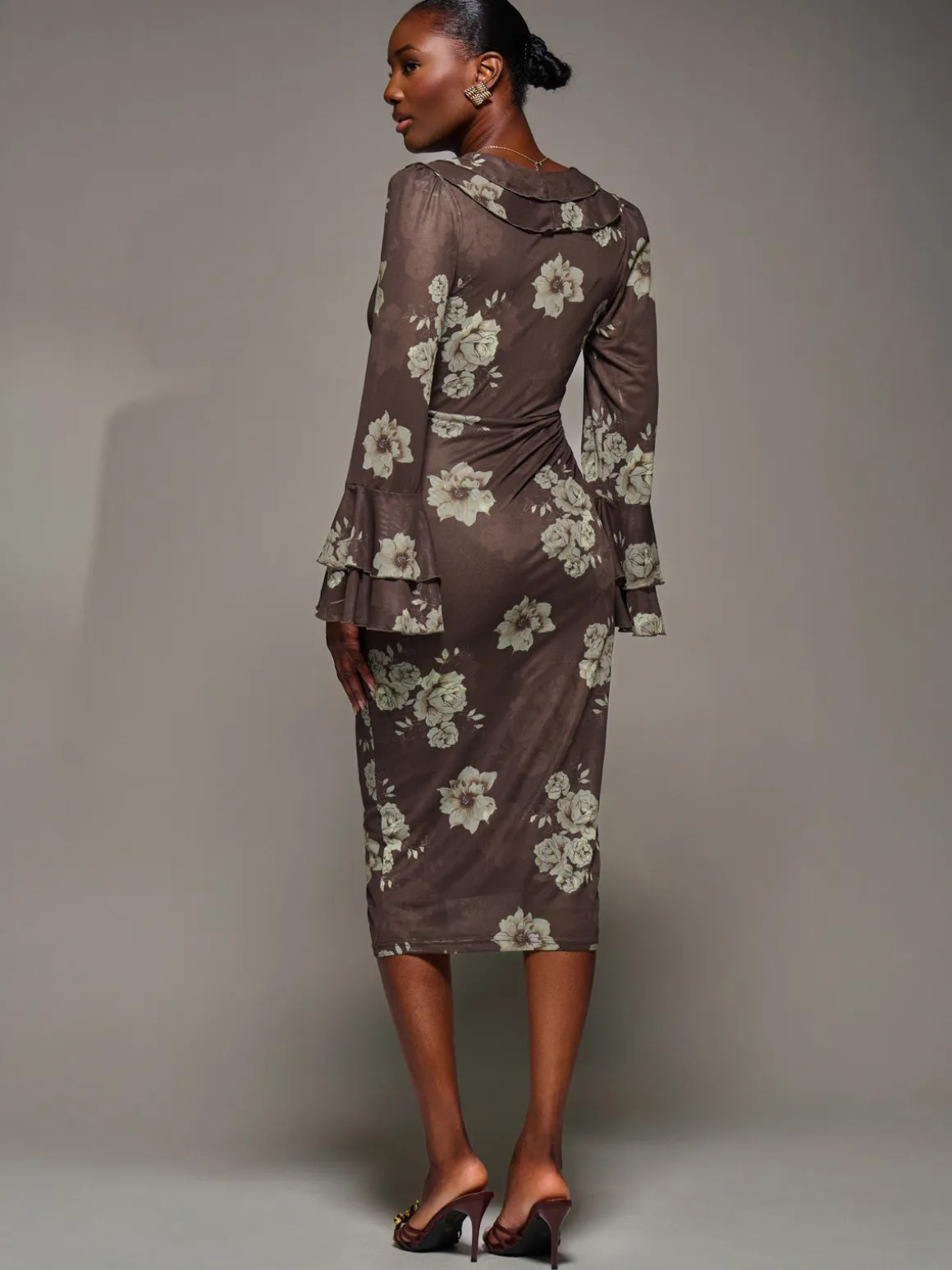 Frill Sleeve Pleated Wrap Midi Dress, Brown Floral