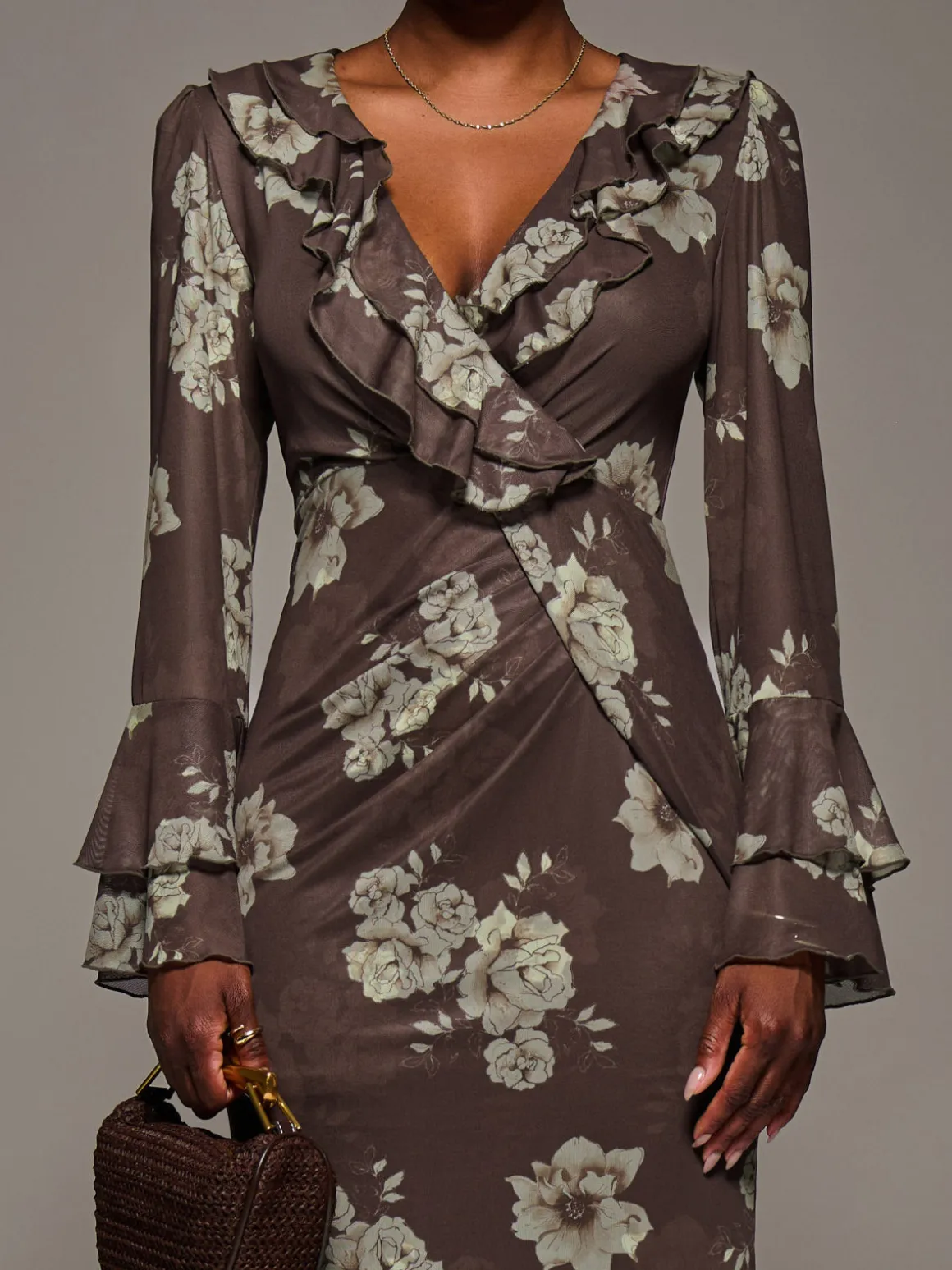Frill Sleeve Pleated Wrap Midi Dress, Brown Floral