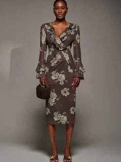 Frill Sleeve Pleated Wrap Midi Dress, Brown Floral