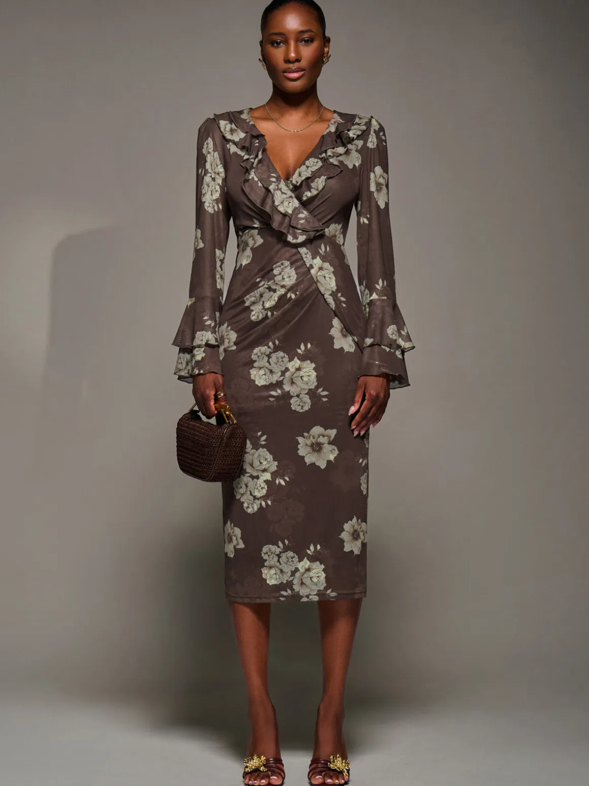 Frill Sleeve Pleated Wrap Midi Dress, Brown Floral