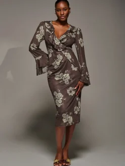 Frill Sleeve Pleated Wrap Midi Dress, Brown Floral