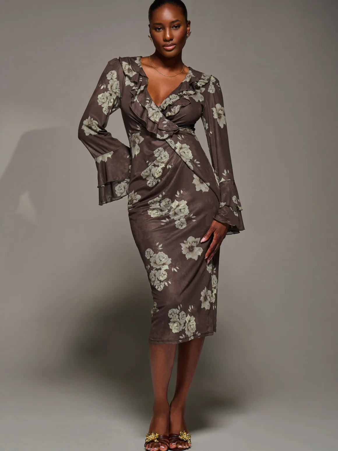 Frill Sleeve Pleated Wrap Midi Dress, Brown Floral