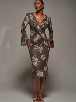 Frill Sleeve Pleated Wrap Midi Dress, Brown Floral