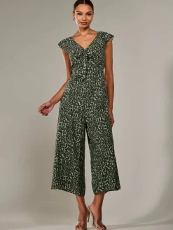 Frill Tie-front Jumpsuit, Green Leopard