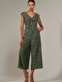 Frill Tie-front Jumpsuit, Green Leopard