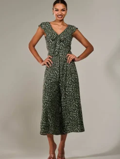Frill Tie-front Jumpsuit, Green Leopard