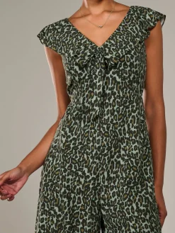 Frill Tie-front Jumpsuit, Green Leopard