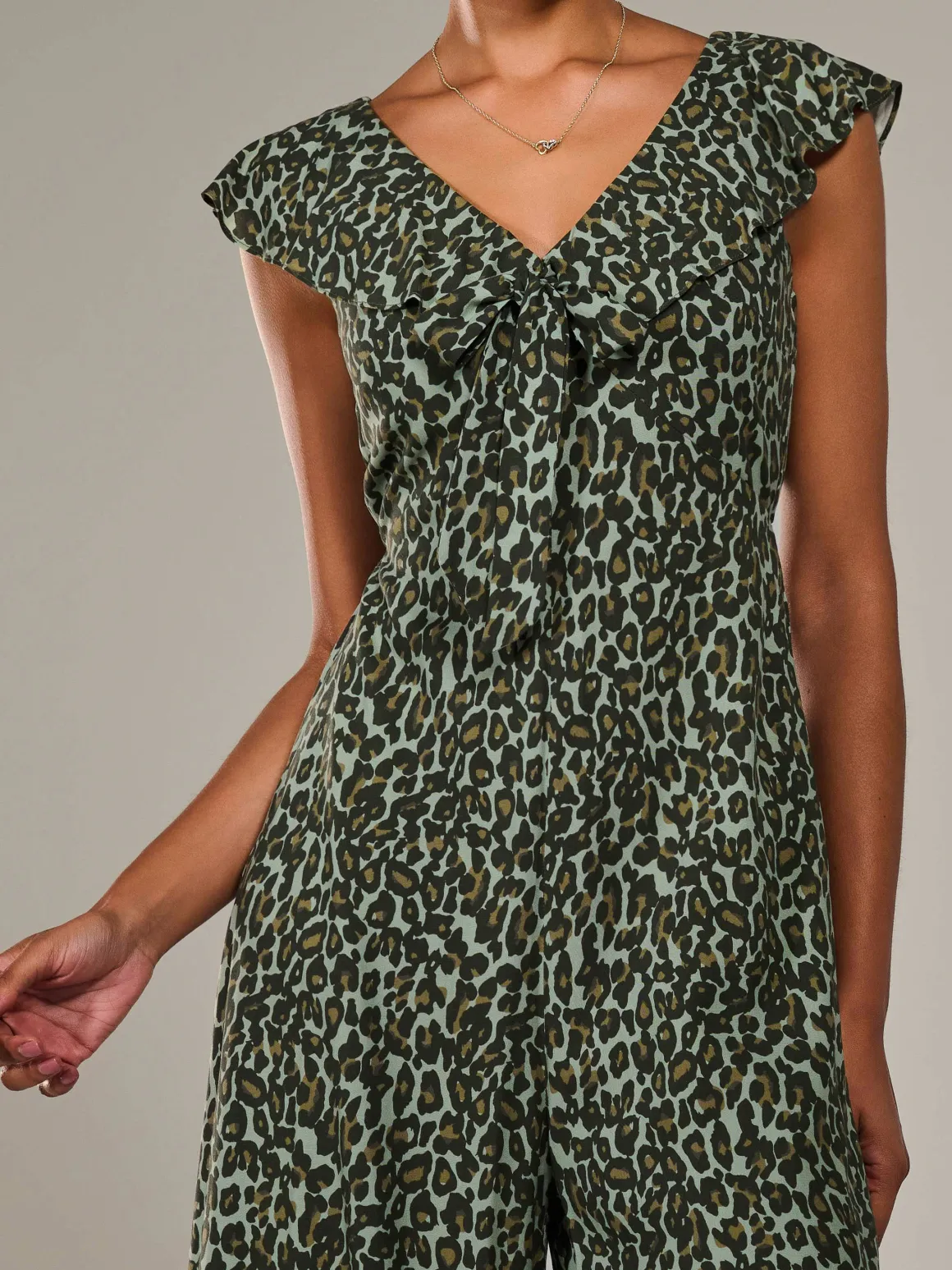 Frill Tie-front Jumpsuit, Green Leopard