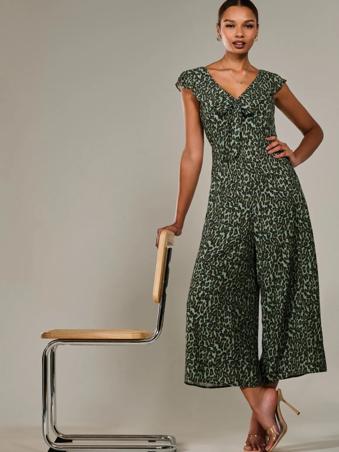 Frill Tie-front Jumpsuit, Green Leopard