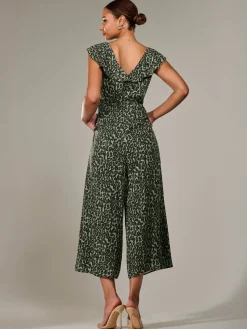 Frill Tie-front Jumpsuit, Green Leopard