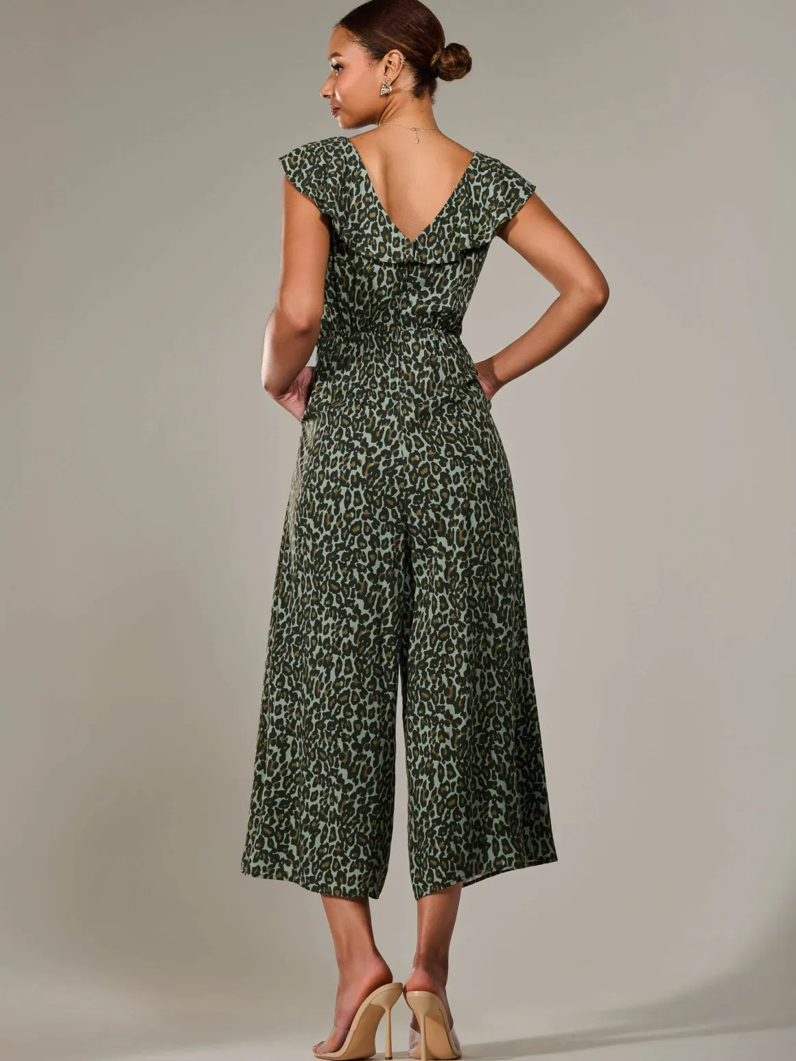Frill Tie-front Jumpsuit, Green Leopard