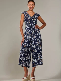 Frill Tie-front Jumpsuit, Navy Abstract