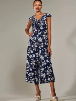 Frill Tie-front Jumpsuit, Navy Abstract