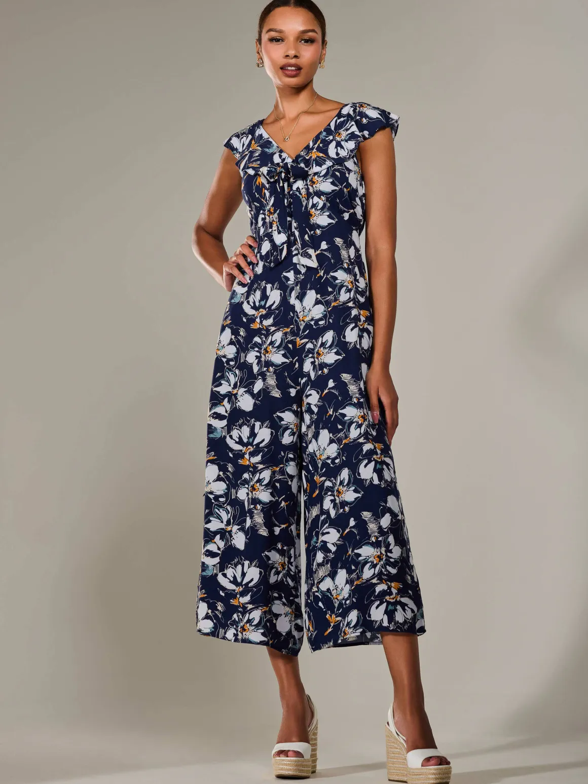 Frill Tie-front Jumpsuit, Navy Abstract