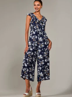 Frill Tie-front Jumpsuit, Navy Abstract