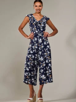 Frill Tie-front Jumpsuit, Navy Abstract