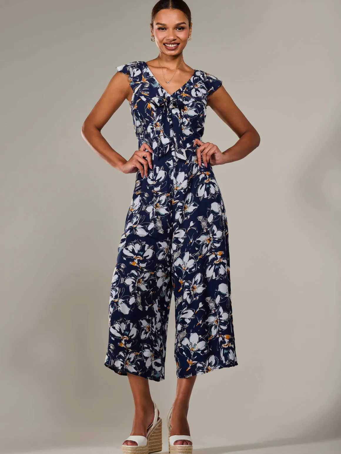 Frill Tie-front Jumpsuit, Navy Abstract