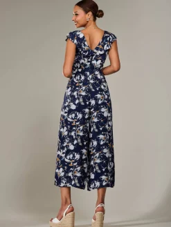 Frill Tie-front Jumpsuit, Navy Abstract