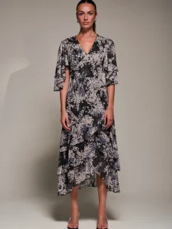 Frill Trim Mesh Maxi Dress, Black Abstract