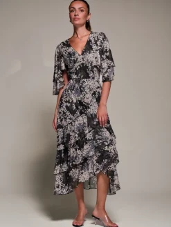 Frill Trim Mesh Maxi Dress, Black Abstract