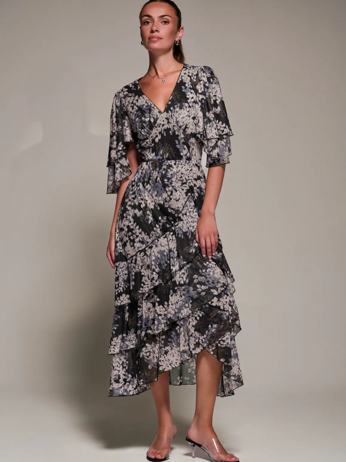 Frill Trim Mesh Maxi Dress, Black Abstract