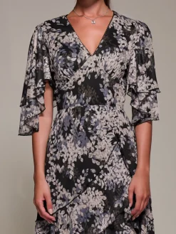 Frill Trim Mesh Maxi Dress, Black Abstract