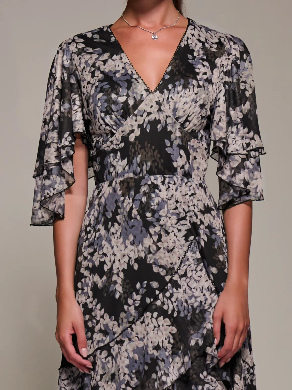 Frill Trim Mesh Maxi Dress, Black Abstract