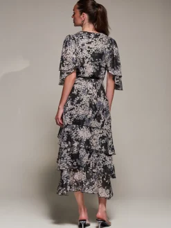 Frill Trim Mesh Maxi Dress, Black Abstract