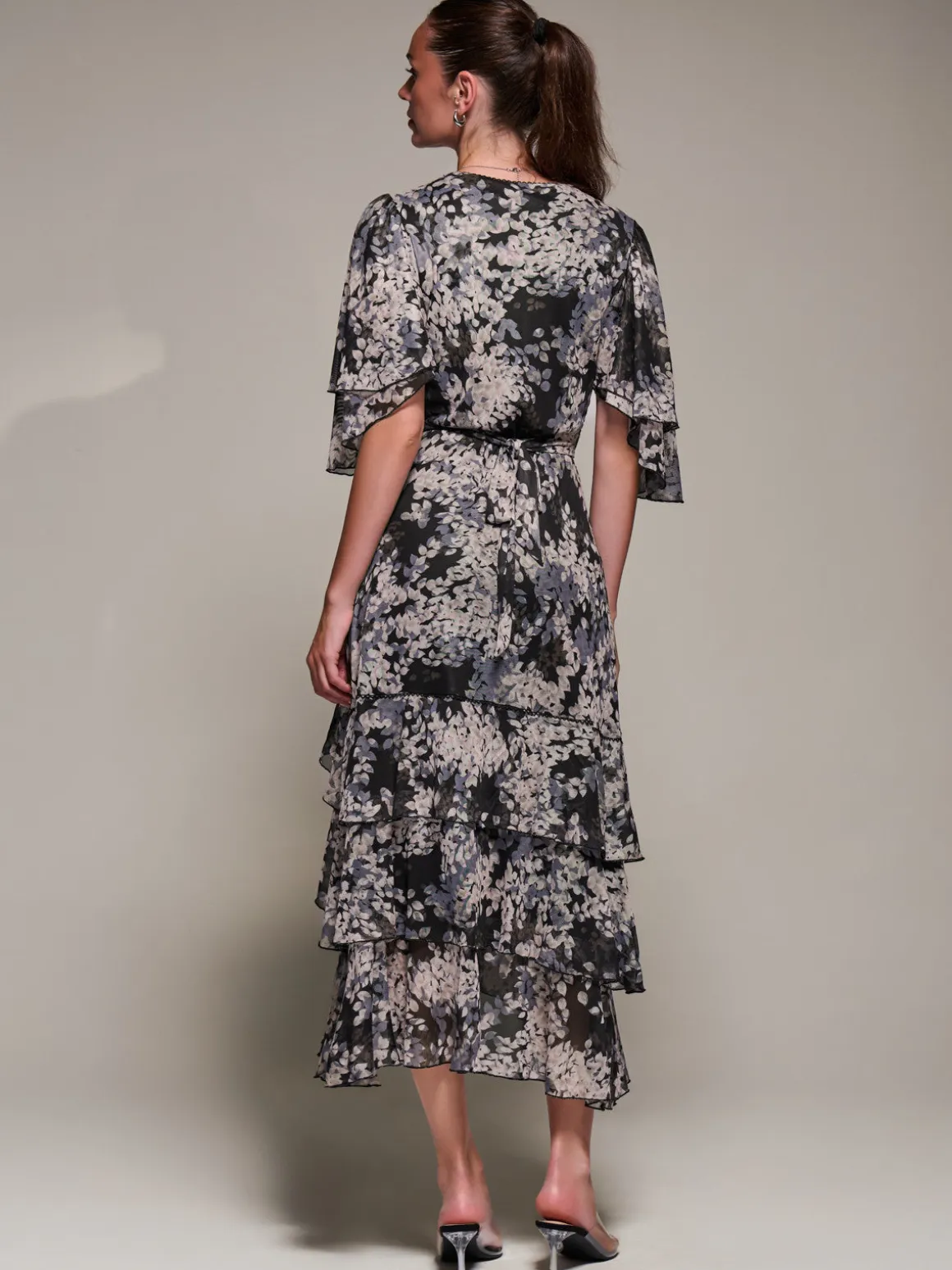 Frill Trim Mesh Maxi Dress, Black Abstract
