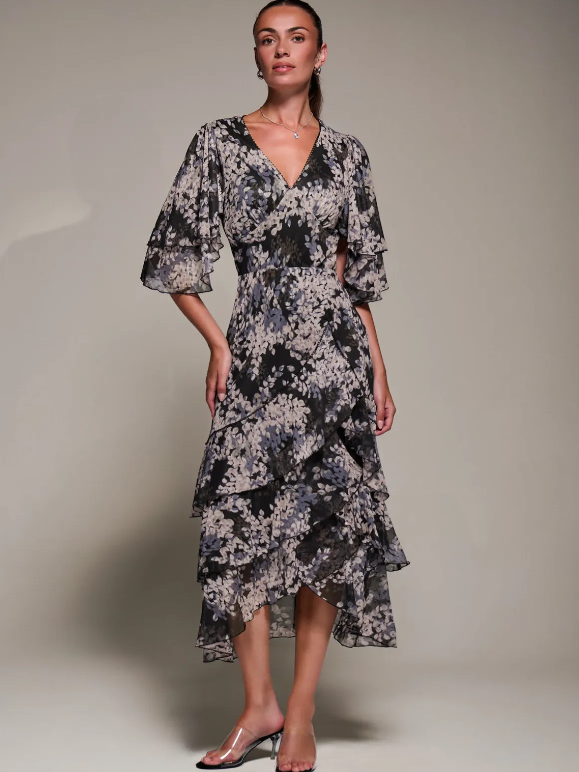 Frill Trim Mesh Maxi Dress, Black Abstract