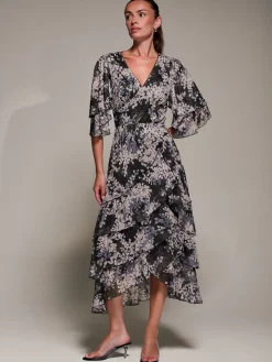 Frill Trim Mesh Maxi Dress, Black Abstract