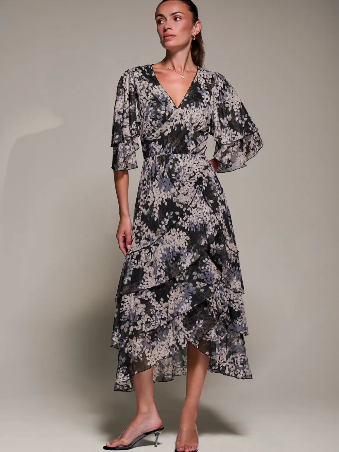 Frill Trim Mesh Maxi Dress, Black Abstract