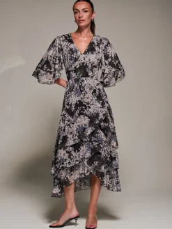 Frill Trim Mesh Maxi Dress, Black Abstract