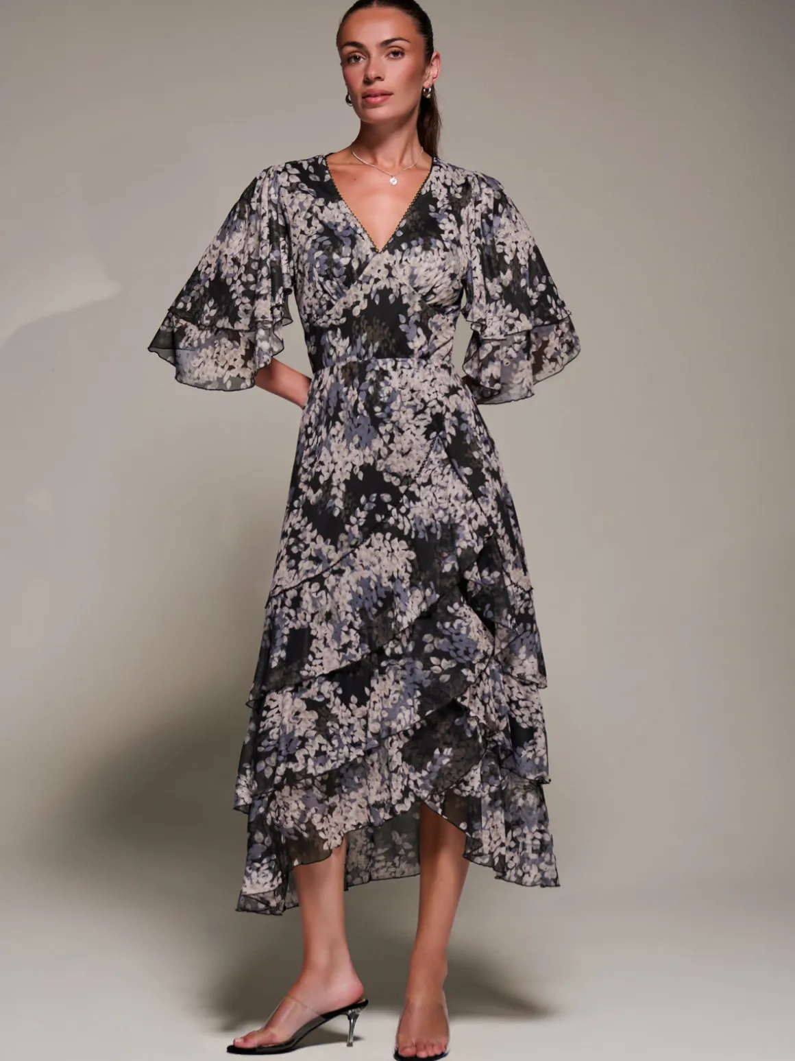 Frill Trim Mesh Maxi Dress, Black Abstract