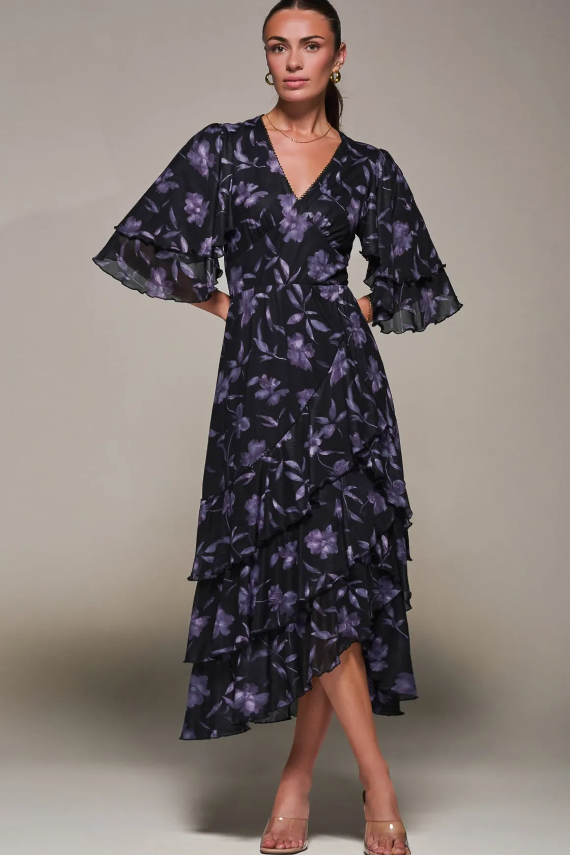Frill Trim Mesh Maxi Dress, Purple Floral