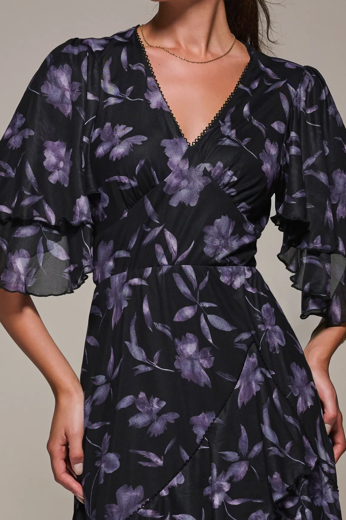 Frill Trim Mesh Maxi Dress, Purple Floral